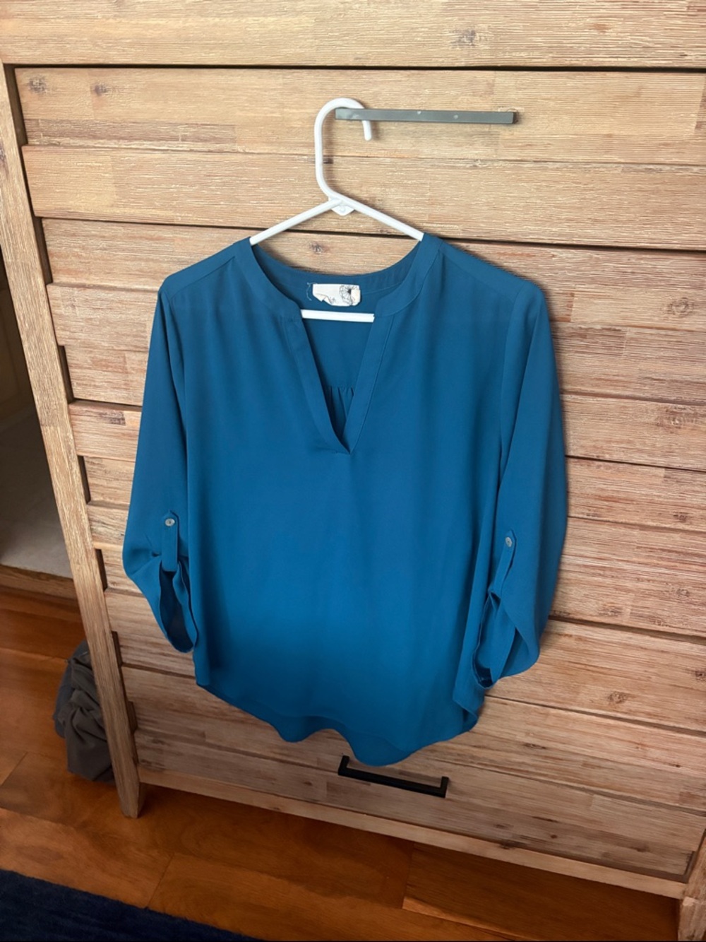 everleigh Teal Roll-Tab Sleeve V-Neck Blouse